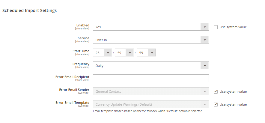 scheduled import settings