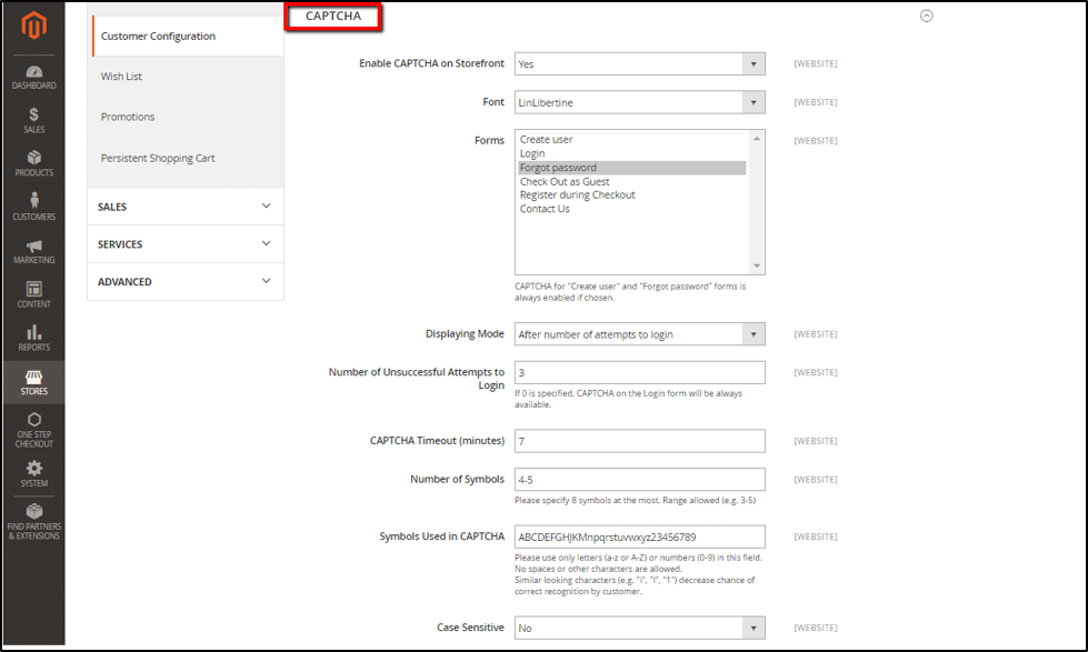 How to enable magento 2 default Captcha