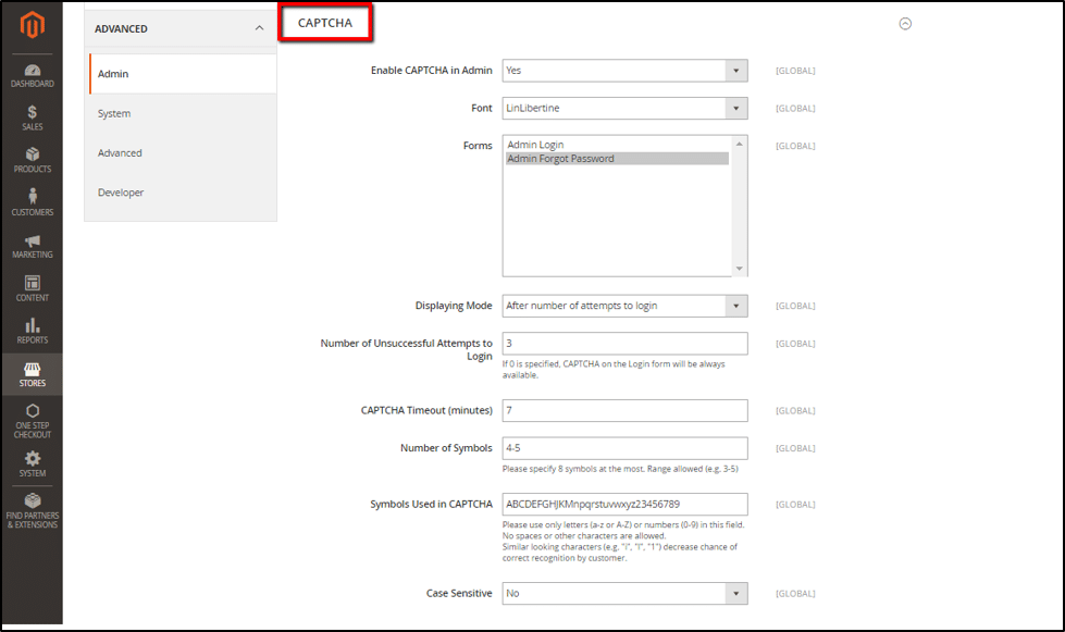 How to enable magento 2 default Captcha admin