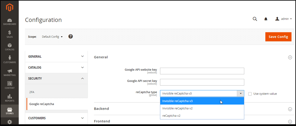 Select reCaptcha v2 Configuration Magento 2