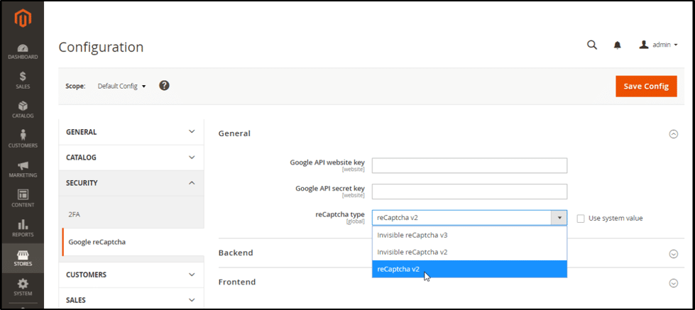 reCaptcha type of v2 in Magento 2