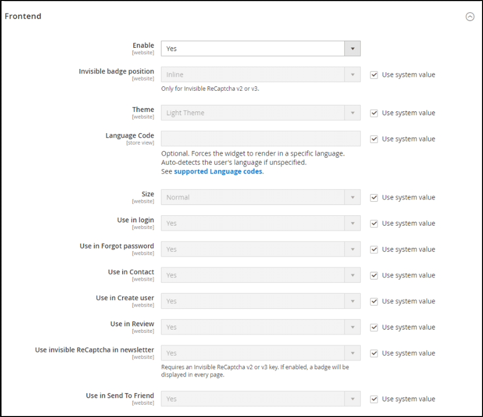 reCaptcha v2 in Frontend section Magento 2