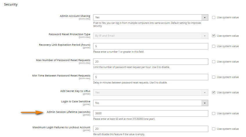 Admin Session Lifetime seconds