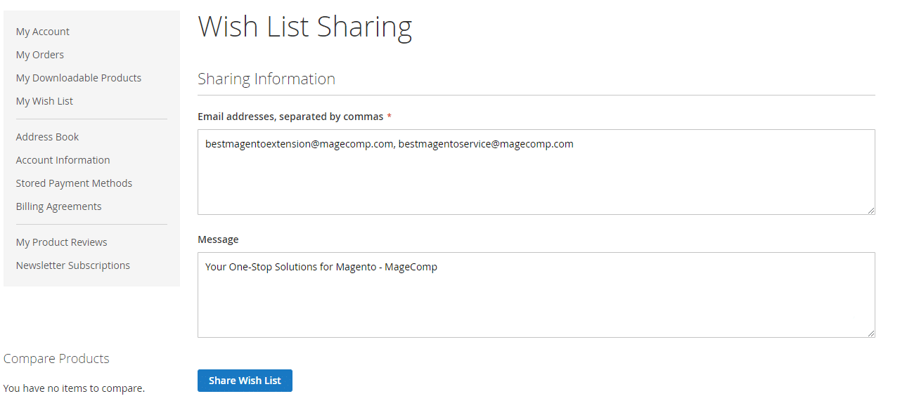 wish list sharing magento 2