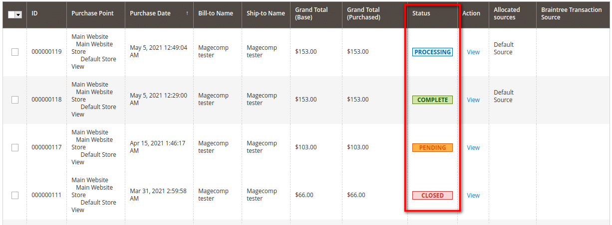 order status colour