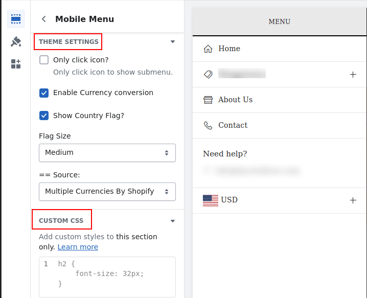 Mobile menu settings