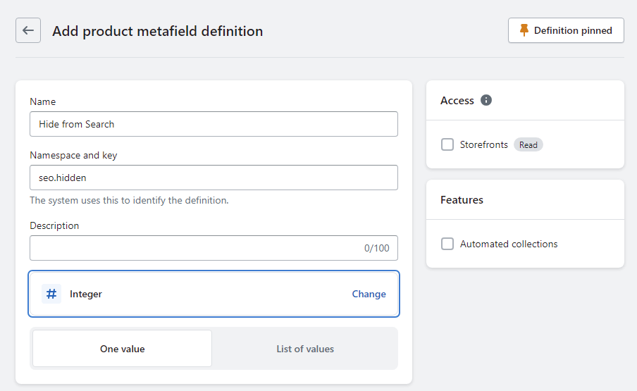 Product metafield definition details