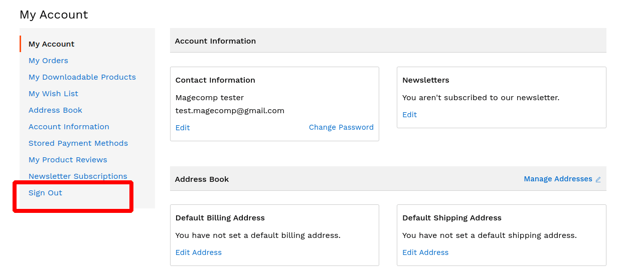 Sign Out tab in customer account