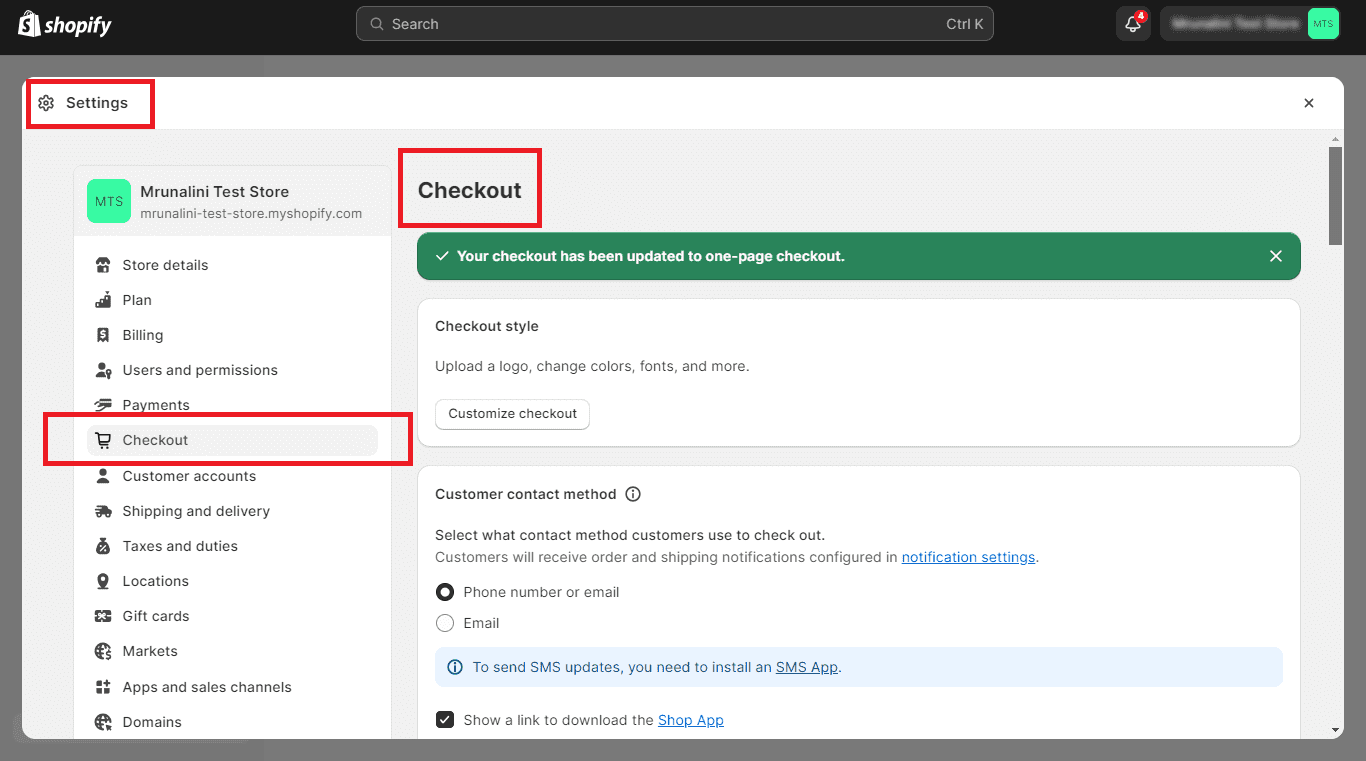 Shopify admin panel → Settings → Checkout