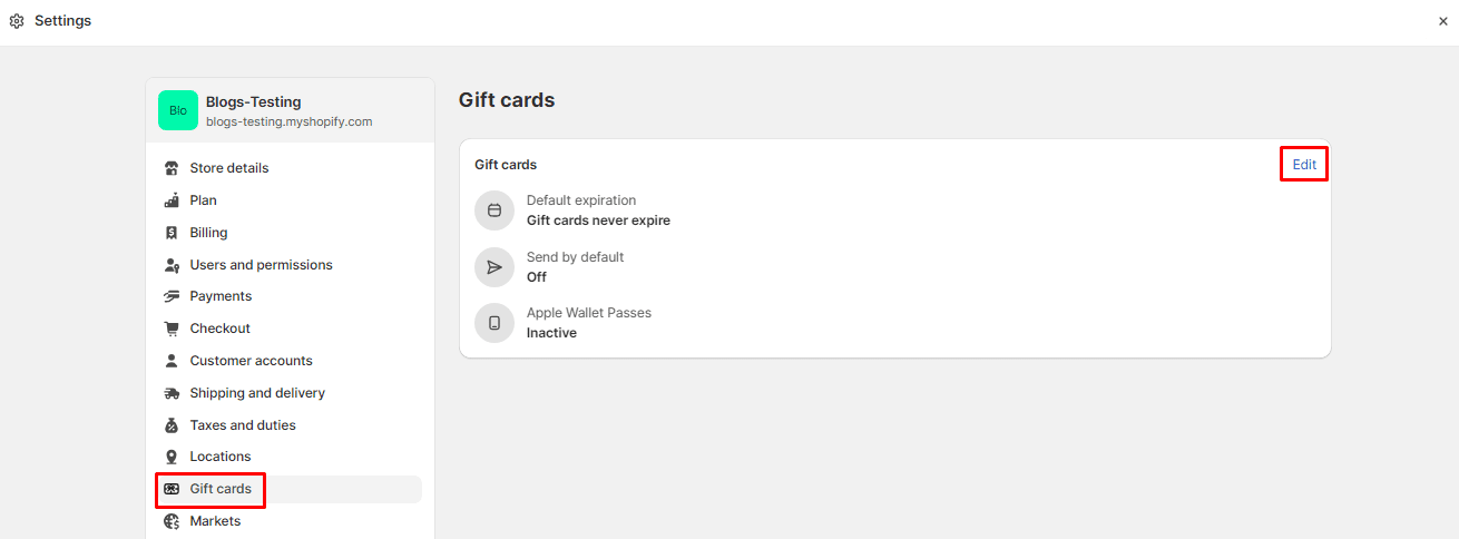 Gift cards - Edit