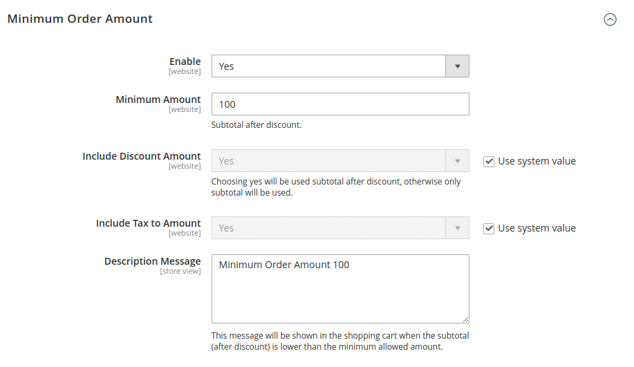 Minimum order amount configuration