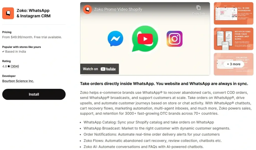 7. Zoko WhatsApp & Instagram CRM by Bourbon Science Inc.
