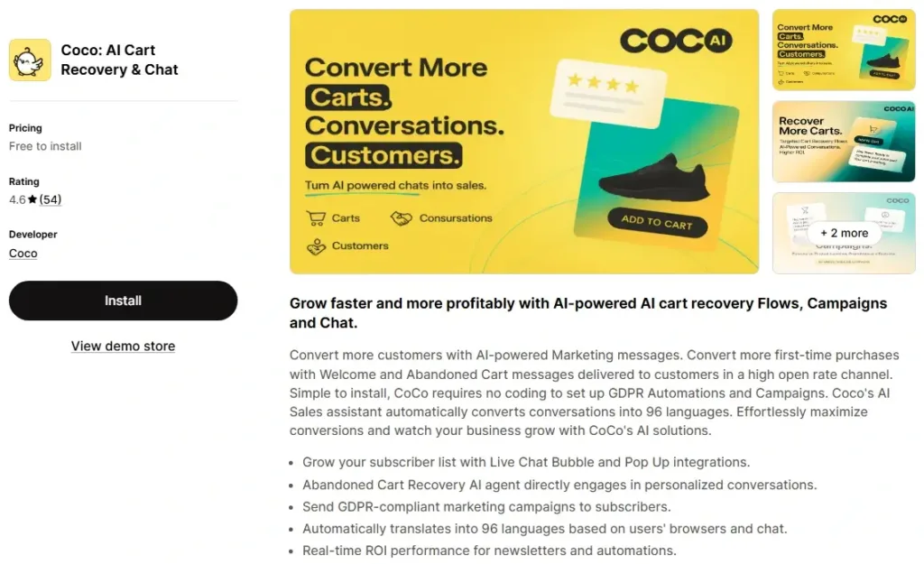 9. Coco AI Cart Recovery & Chat by Coco