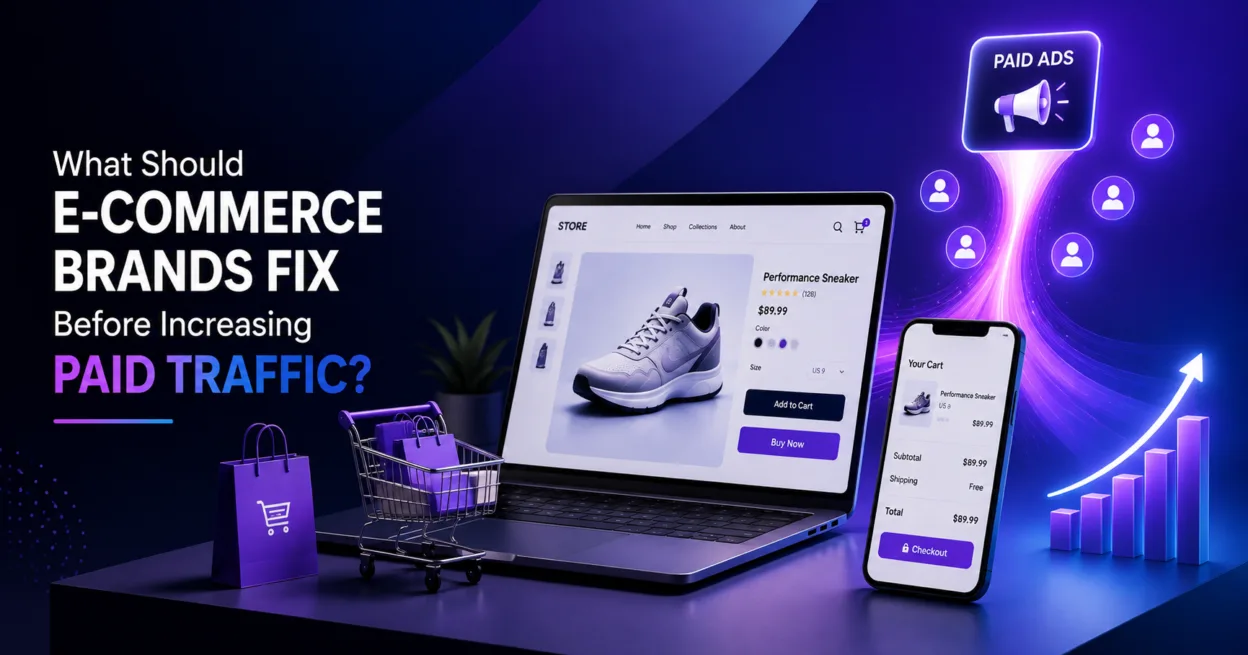 Create a professional featured image for a blog titled “What Should E-Commerce Brands Fix Before Increasing Paid Traffic?” Use a modern e-commerce and digital advertising theme with an online store, product page, shopping cart, checkout, mobile screen, and paid ads/analytics elements. Use a premium blue/purple gradient. Keep it minimal, clean, and high quality (1200x630). Place the provided logo in a corner exactly as given, without any changes, cropping, recoloring, or redesign.
