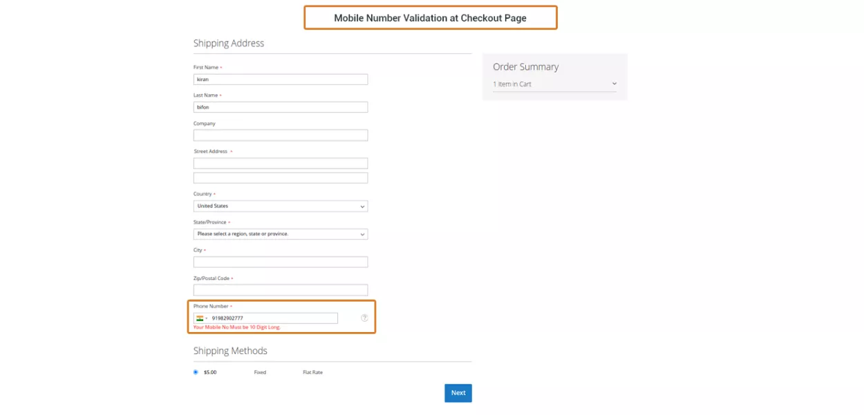 Mobile Number Validation at Checkout Page