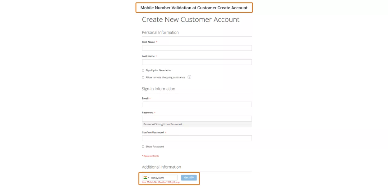 Mobile Number Validation at Customer Create Account
