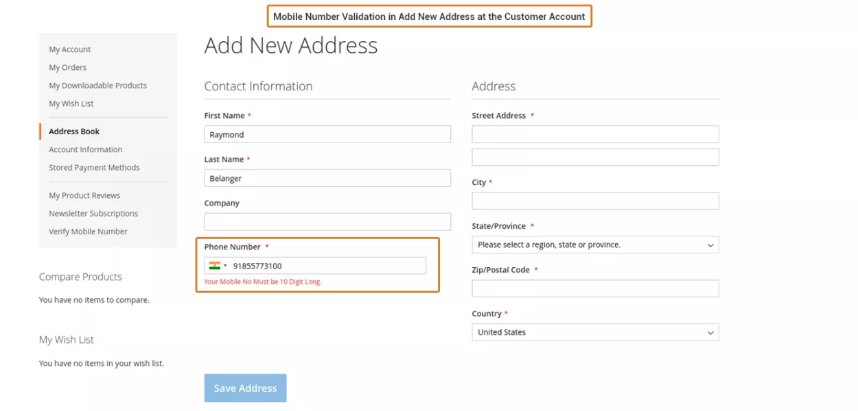 Mobile Number Validation in Add New Address at the Customer Account