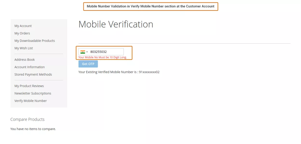 Mobile Number Validation in Verify Mobile Number section at the Customer Account