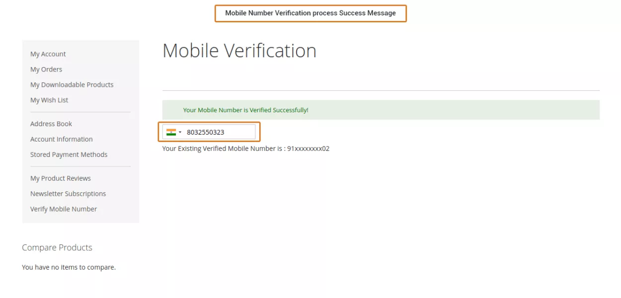 Mobile Number Verification process Success Message