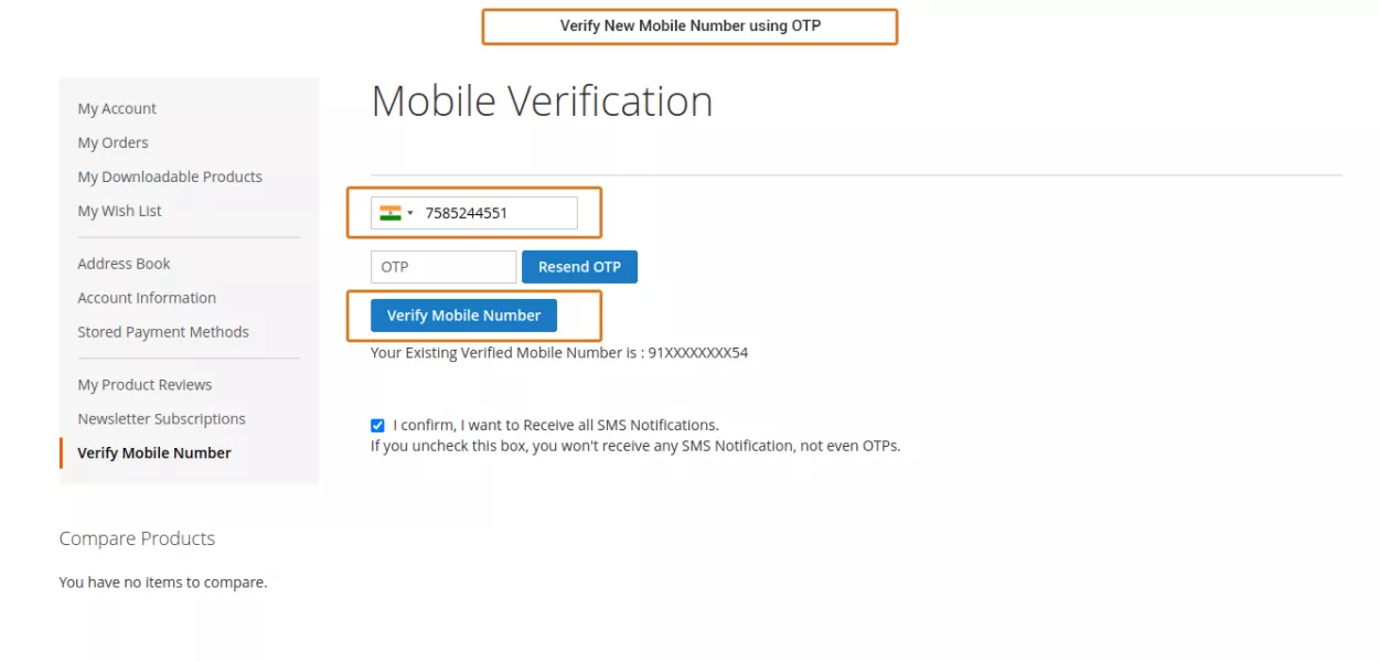 Verify New Mobile Number using OTP