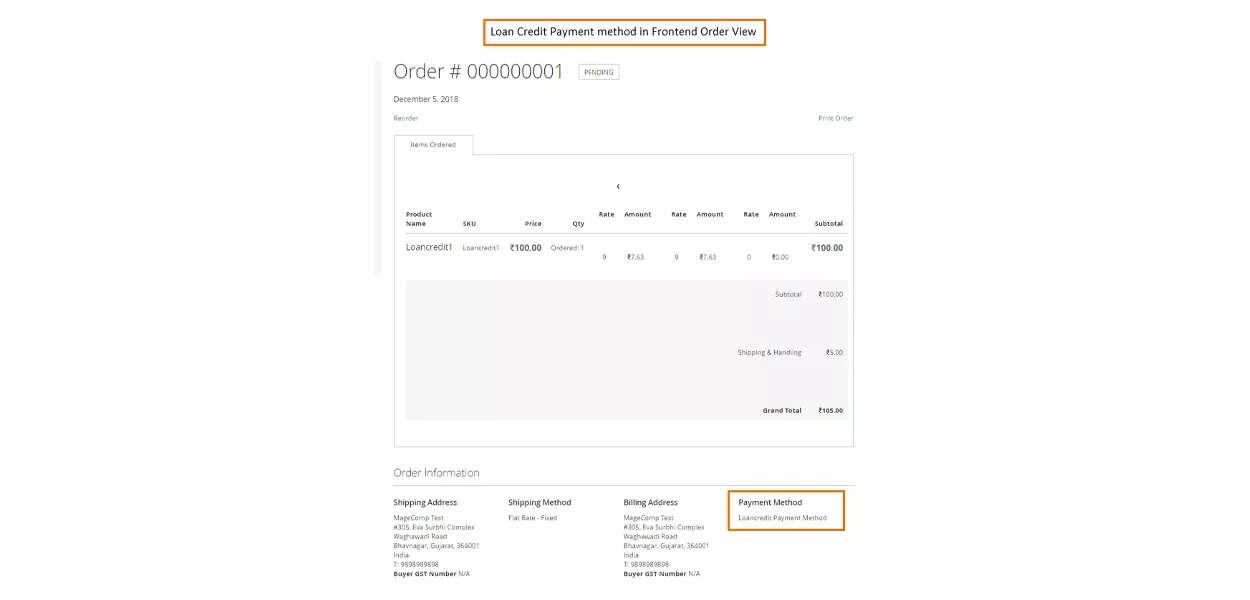 loan credit payment method in frontend order view