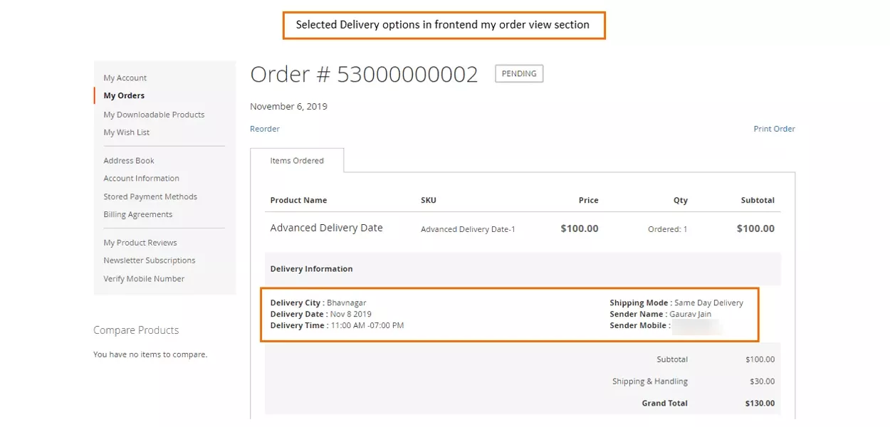 selected delivery options in frontend order view