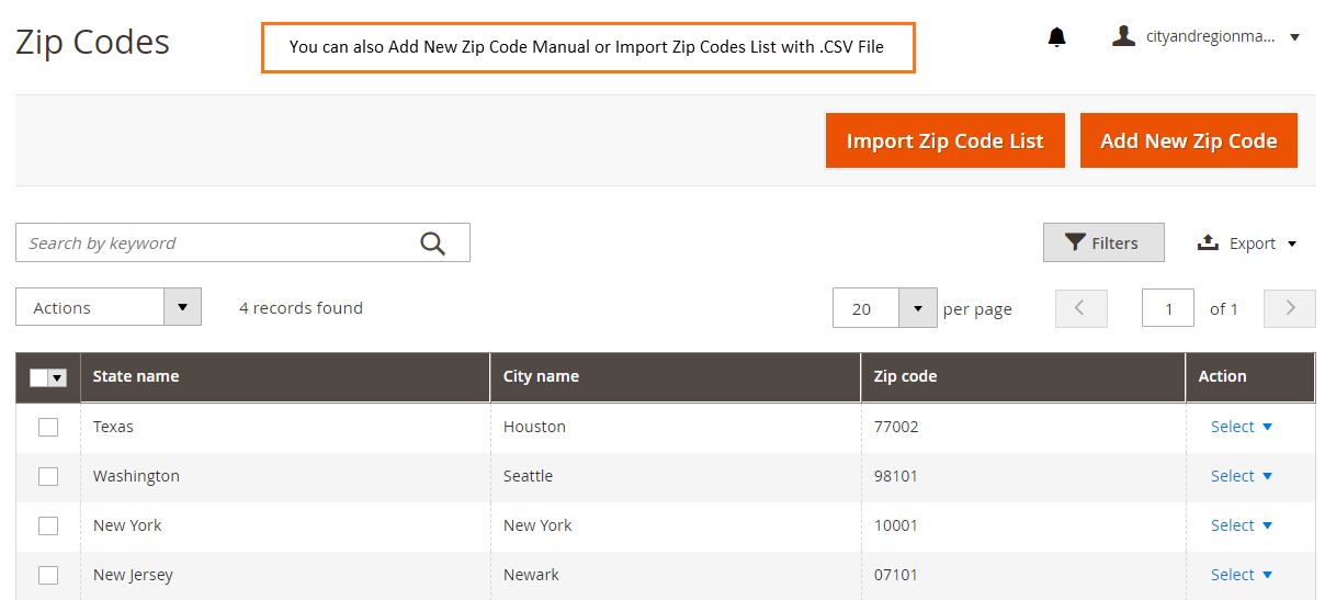 Add zip codes from backend Support Portal for Magento Extensions