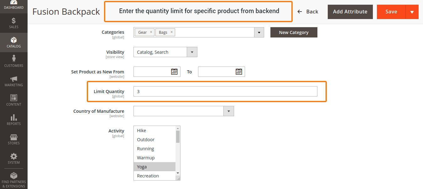 Enter the quantity limit for specific product from backend_11zon
