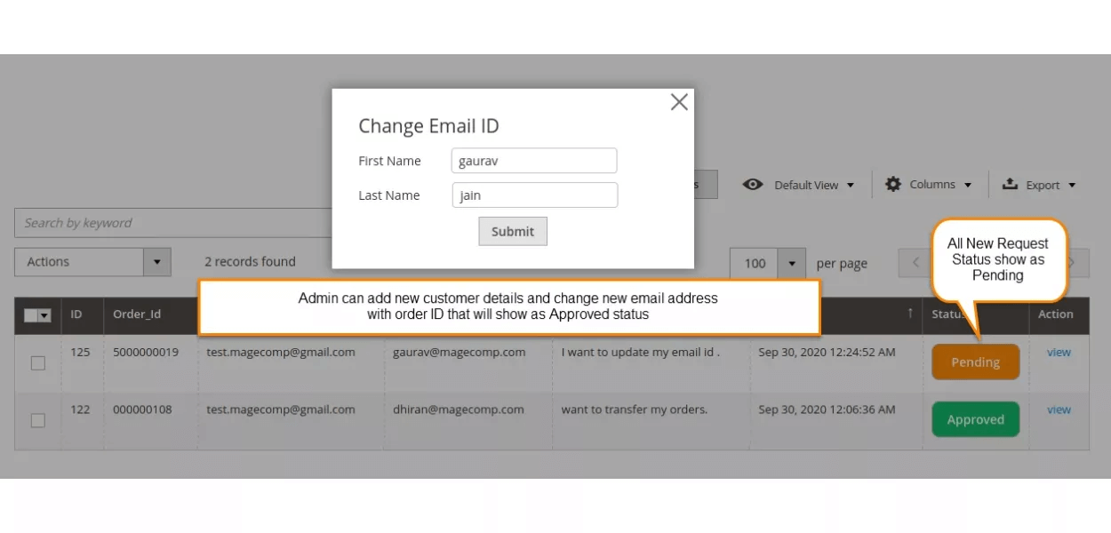 admin change email add new customer grid