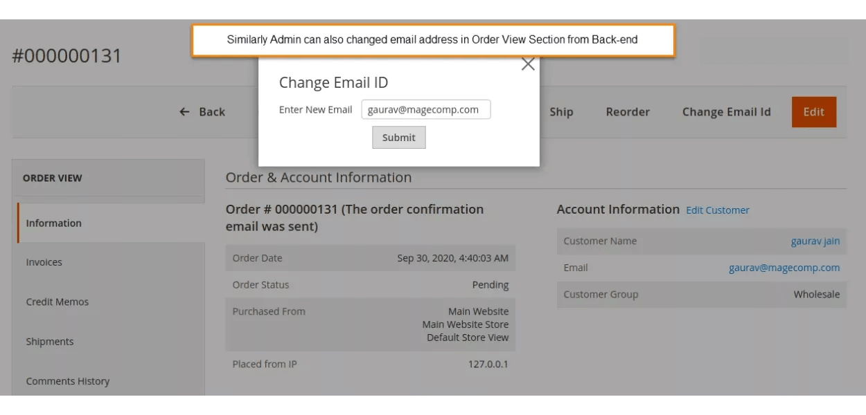 admin change email add order view section