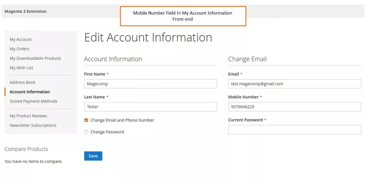 Mobile Number Field In My Account Information Frontend