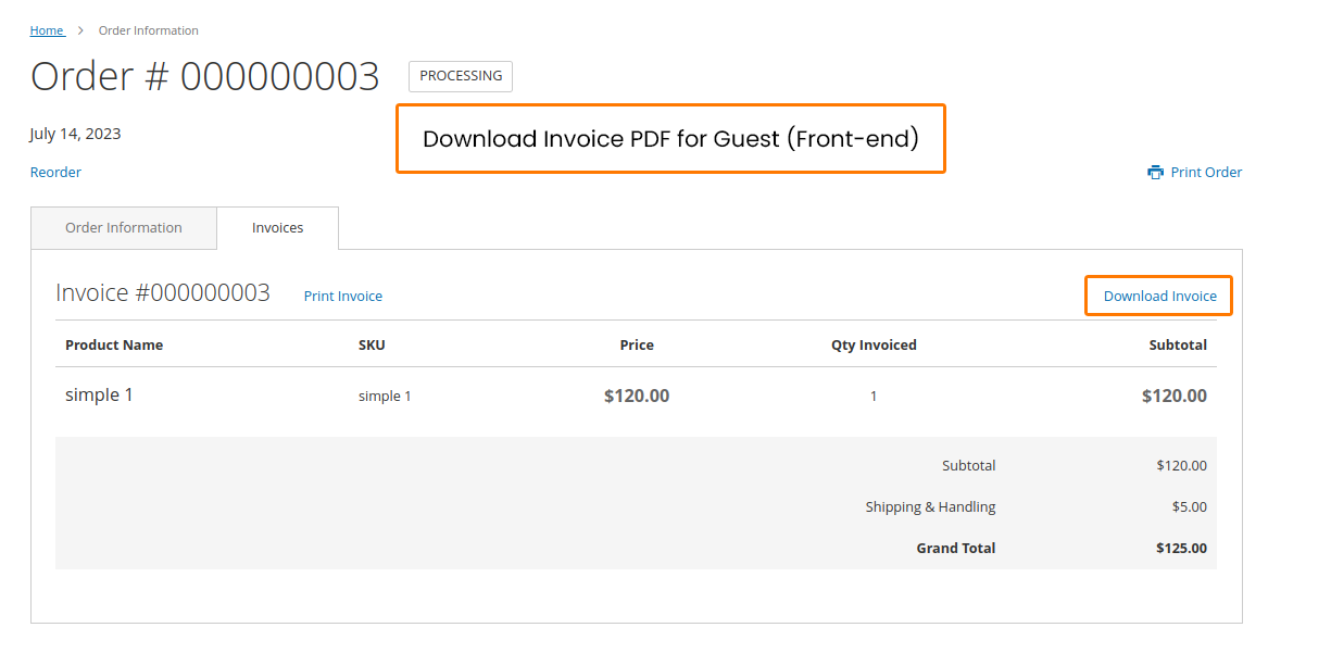 Download Invoice PDF for Guest Front end