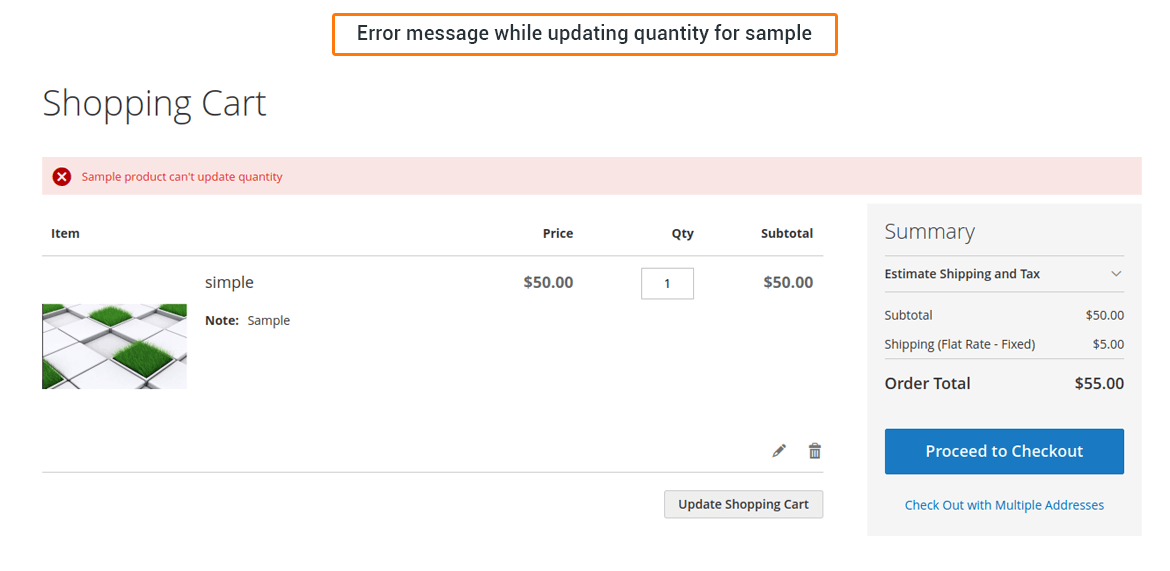 Error message while updating quantity for sample