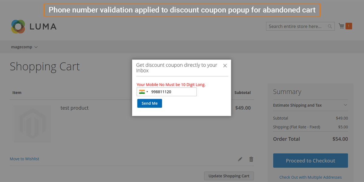 Phone number validation applied to discount coupon popup for abandoned cart