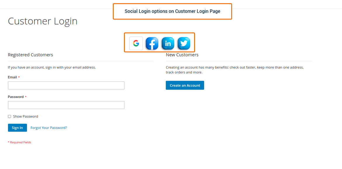 social login buttons on the customer login page