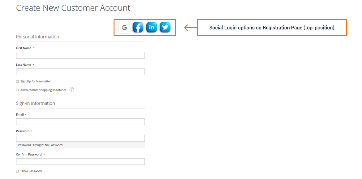 social login buttons on the create account page at the top position