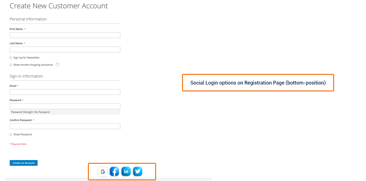 social login buttons on the create account page at the below position