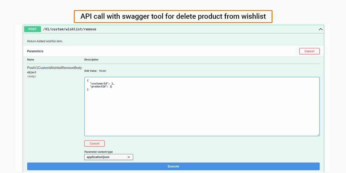 API call with swagger tool for delete product from wishlist