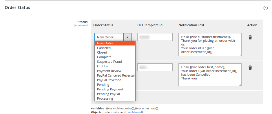 User Template Order Status and Notification text settings - 5