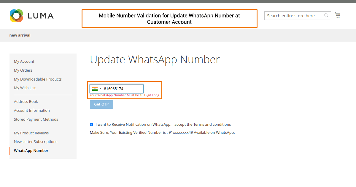 Mobile Number Validation for Update WhatsApp Number at Customer Account