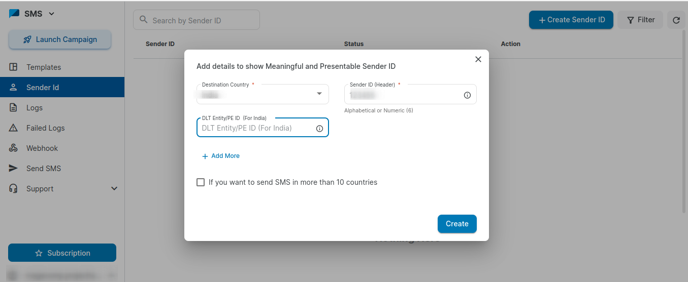 Country Sender ID DLT Template ID