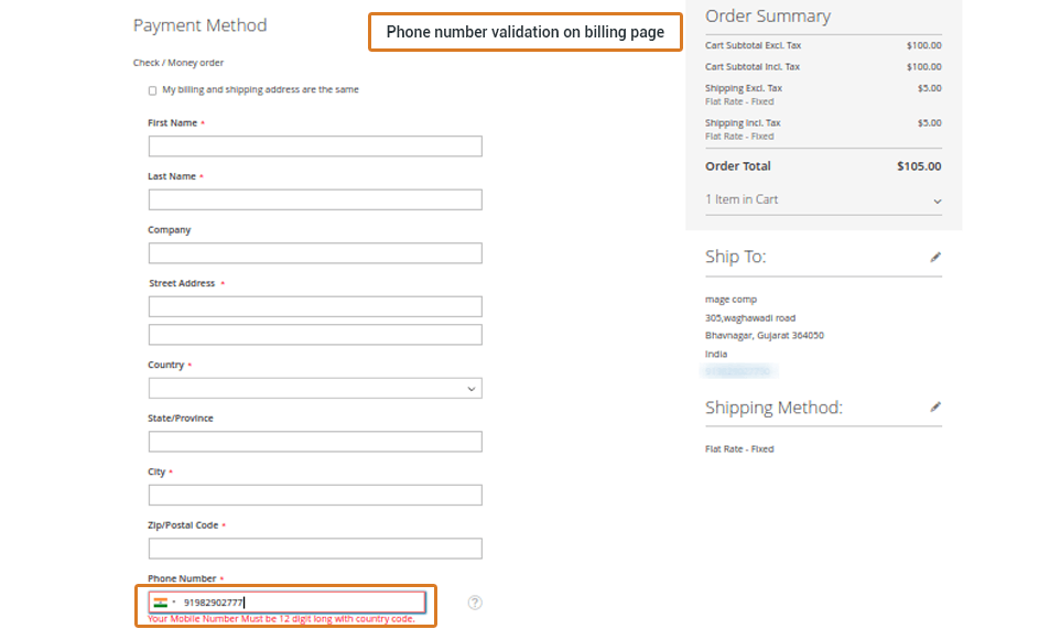 Phone number validation on billing page