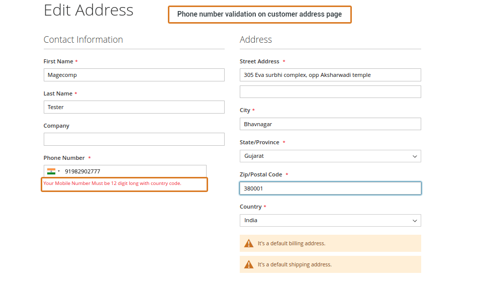 Phone number validation on customer address page