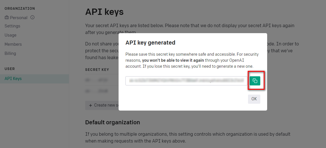API key generated