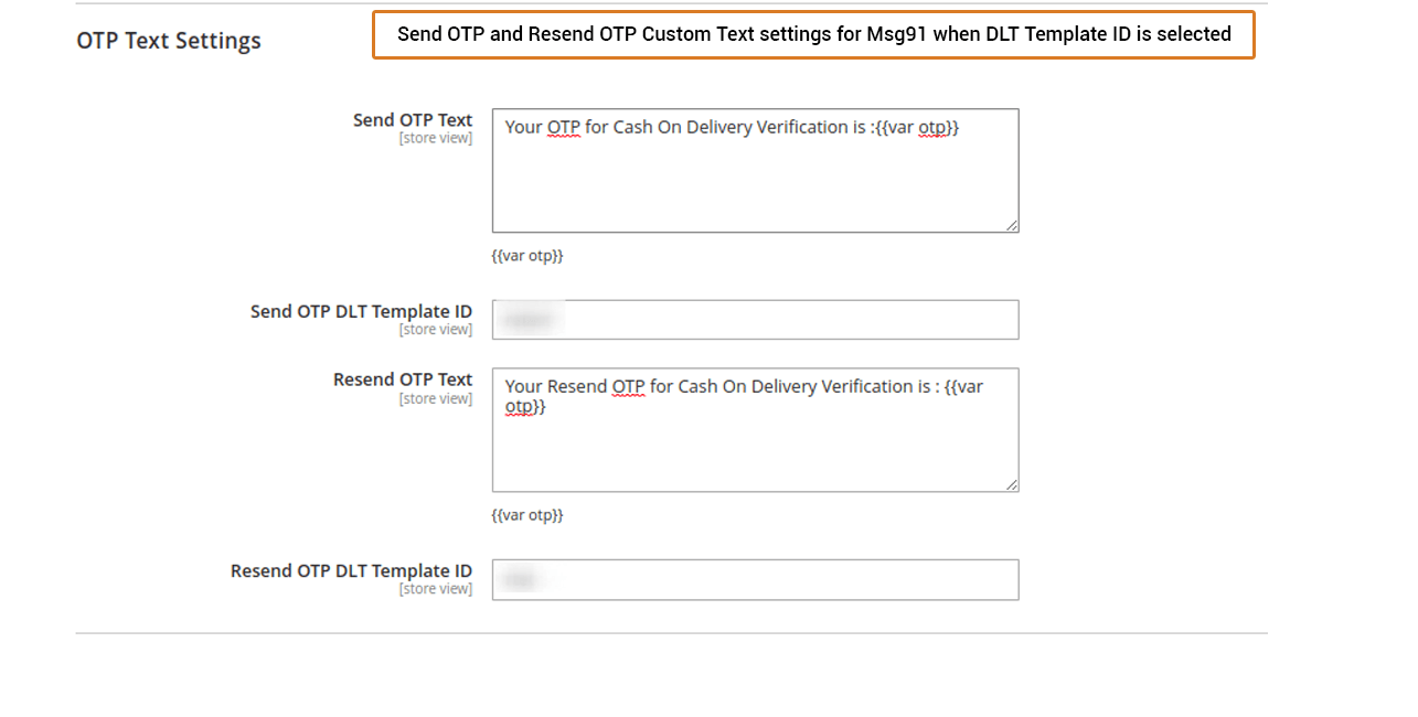 OTP text settings for DLT template