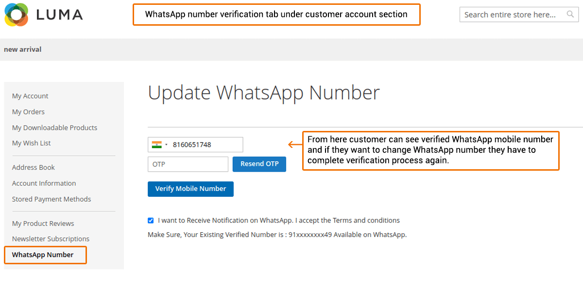 Verify Whatsapp number from customer My Account
