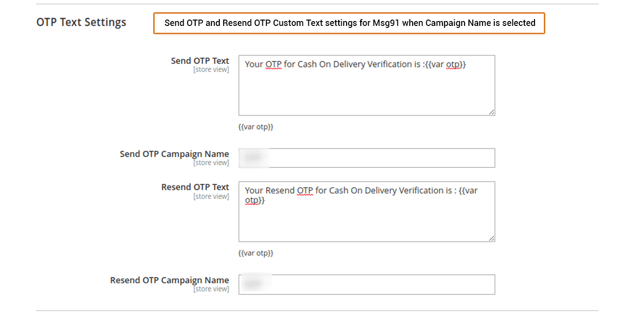 OTP text settings for campaign name