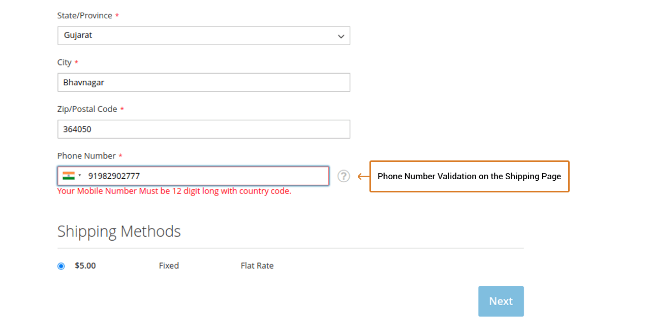 phone number validation on shipping page
