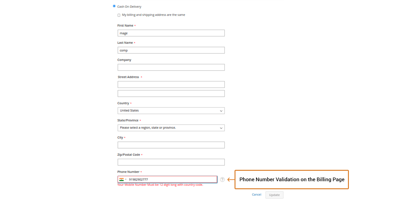 phone number validation on billing page