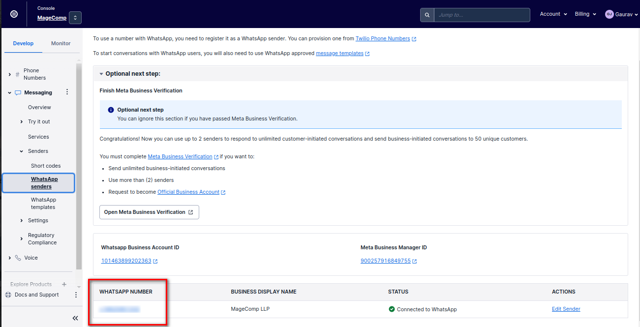 Twilio WhatsApp Number